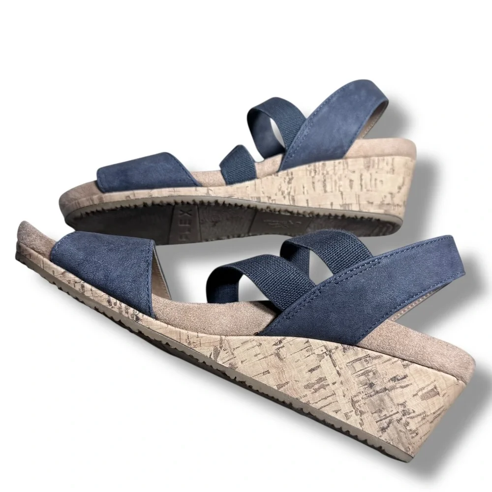 LifeStride Marina Wedge Sandals Blue Fabric Elastic Comfort Size 7.5M